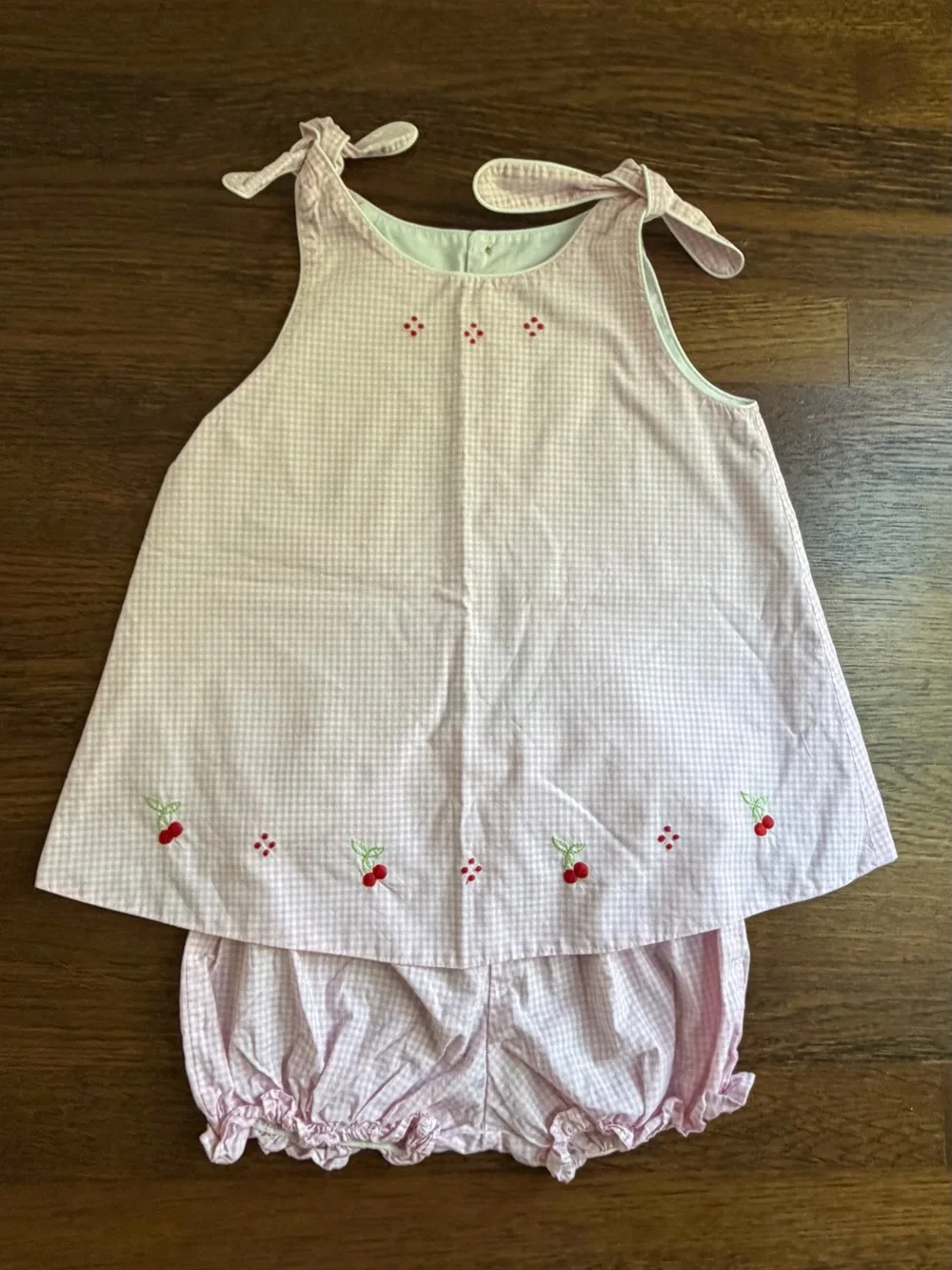 Proper Peony Pink Gingham Cherry Tie-Shoulder Bloomer Set 4T